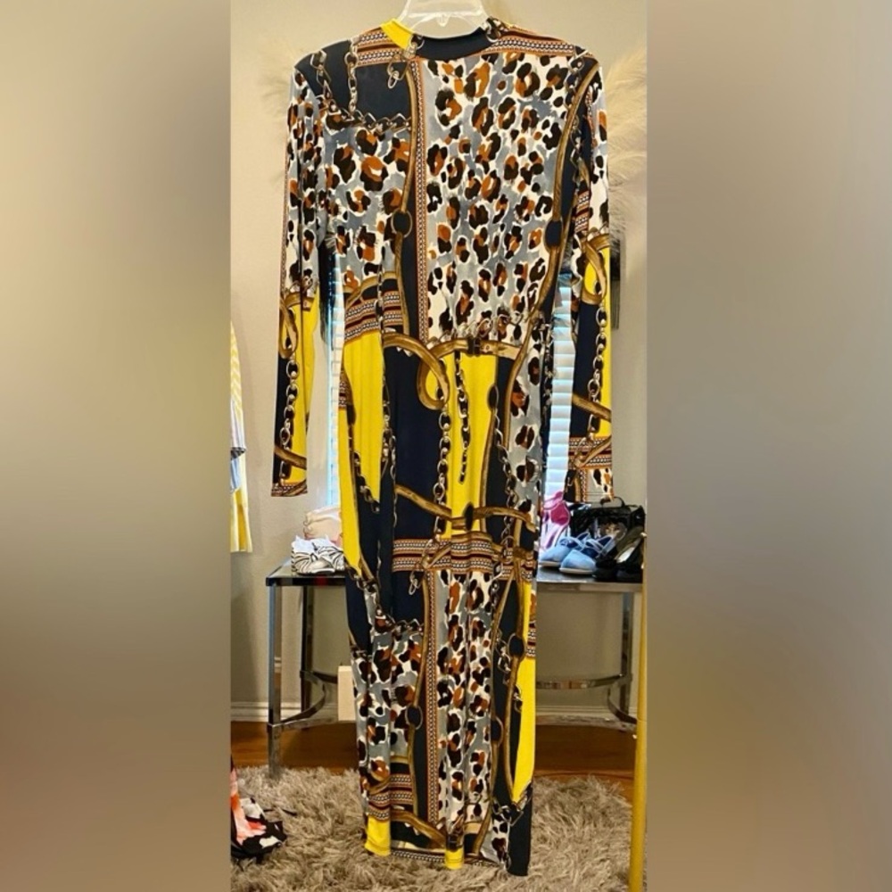 Yellow & Black Chain and Leopard-Print Long Sleeve Maxi Dress - Size XL - NWOT - Picture 3 of 6
